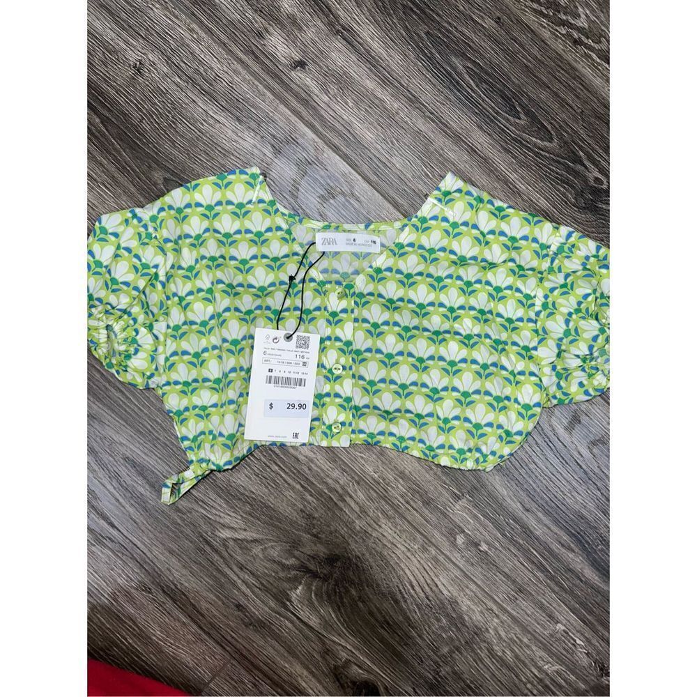 Zara Green and White Patterned Kids Cropped Top